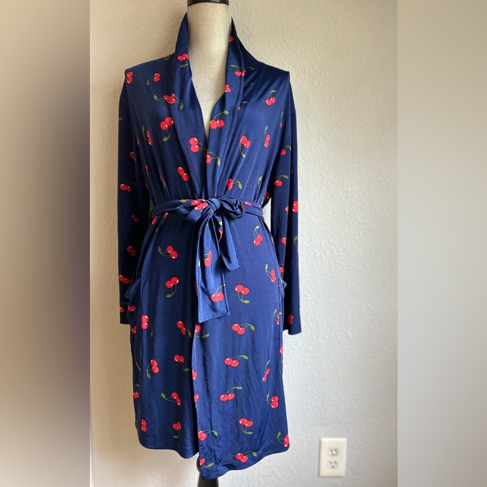 Colada Women’s Belted Navy Robe With Cherry Print Sz M